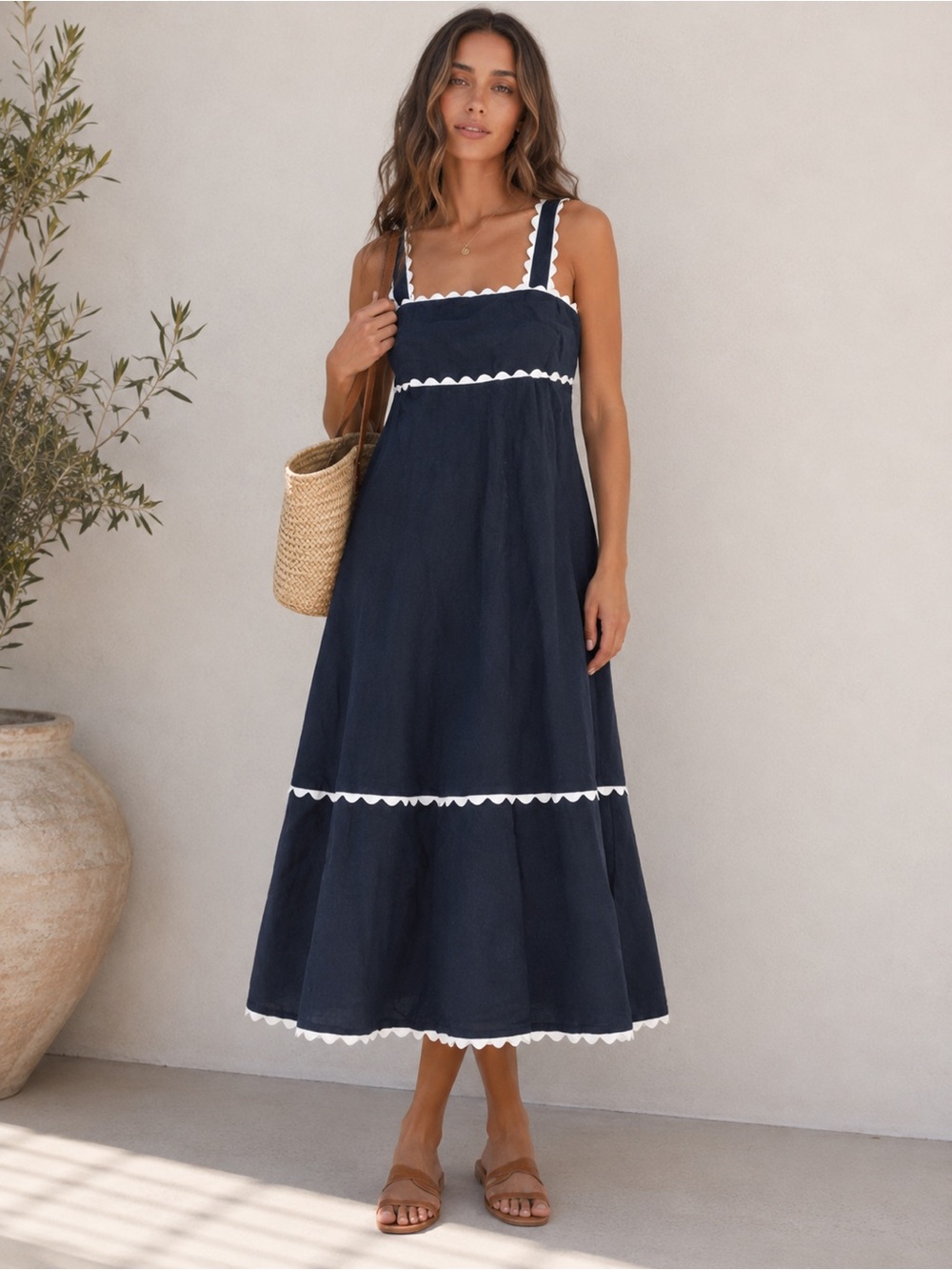 Cynthia Rowley Linen Blend Rickrack Trim Midi Maxi Dress Size XL - Picture 7 of 7